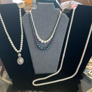 Three Faux Pearl Necklaces 16”, 18”, & 39”